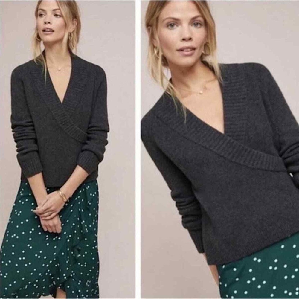 Anthropologie ett twa Tessa Faux Wrap V Neck Charcoal Gray Sweater XS